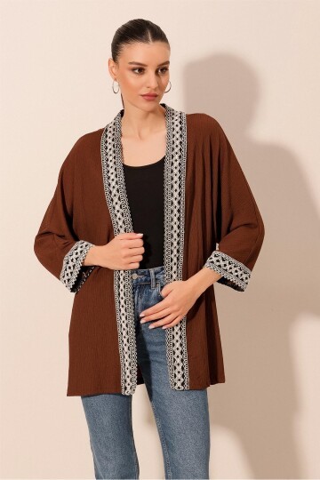 5866 Nakışlı Örme Kimono - Kahverengi