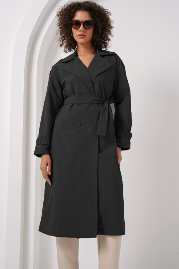 Merterium 5936 Kruvaze Yaka Trençkot - Siyah