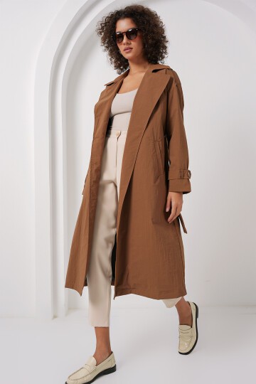 Merterium 5936 Kruvaze Yaka Trençkot - Taba