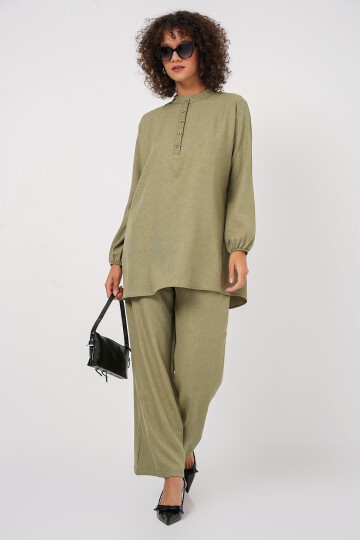 Merterium 6678 Keten Tunik Pantolon İkili Takım - Çağla