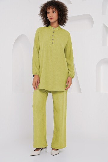 Merterium 6678 Keten Tunik Pantolon İkili Takım - G.Yeşil