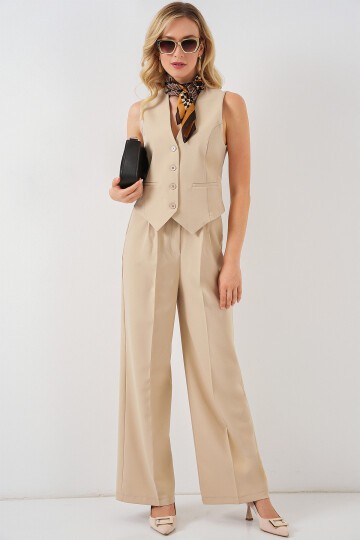 Merterium 6709 Kadın Yelek Pantolon İkili Takım - Bej