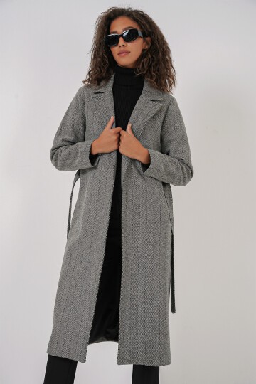 Merterium 9118 Kruvaze Yaka Kaşe Kaban - D. Siyah