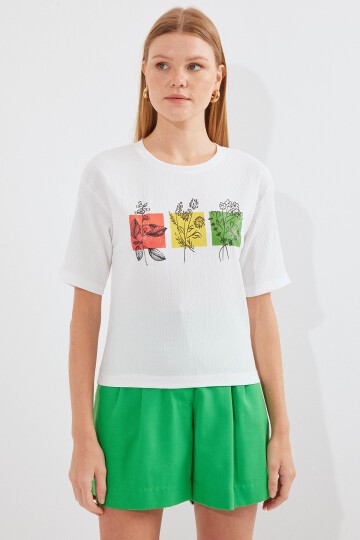 913 Baskılı Örme Basic Tişört - Beyaz