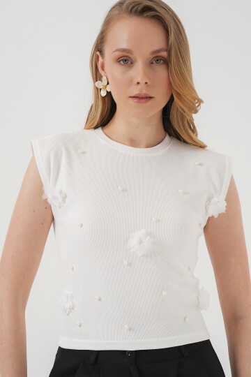Merterium 929 Kısa Kol Örme Bluz - Beyaz