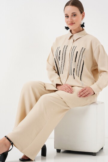 Merterium Desenli Tunik Pantolon İkili Takım 6720 - Krem