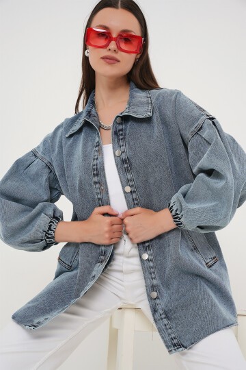 Merterium Kadın Balon Kol Oversize Kot Ceket - Mavi