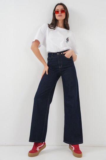 Merterium Kadın Bol Paça Yüksek Bel Palazzo Kot Pantolon 6656 - K. Lacivert