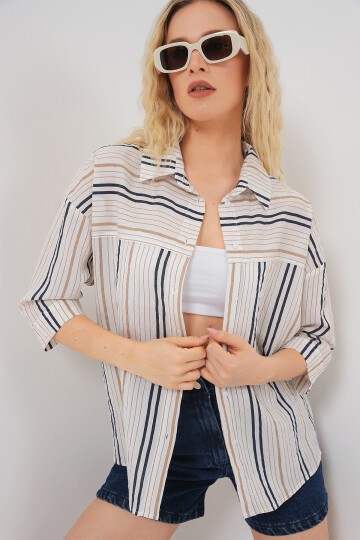 Kadın Çizgili Kısa Kol Gömlek 20344 - Bej