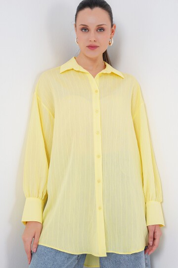 Merterium Kadın Çizgili Uzun Gömlek Tunik 5963 - Sarı