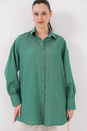 Merterium Kadın Çizgili Uzun Gömlek Tunik 5963 - Zümrüt Yeşili