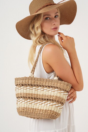 Merterium Kadın Desenli Hasır Çanta 010190 - Bej