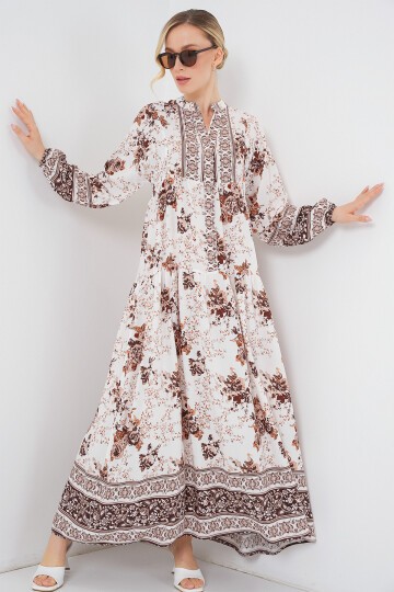 Kadın Desenli Kahverengi Viskon Tesettür Elbise 2423