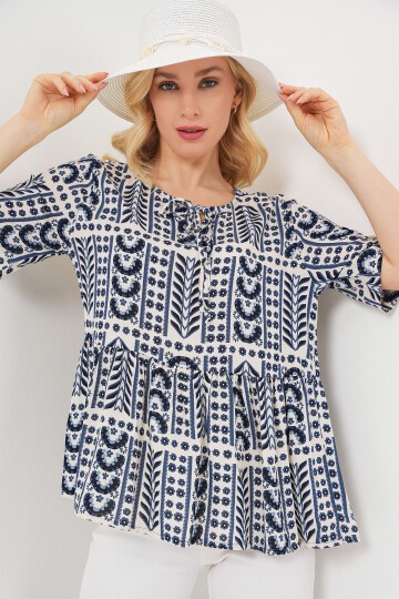 Kadın Desenli Kısa Kol Bluz 969 - İndigo