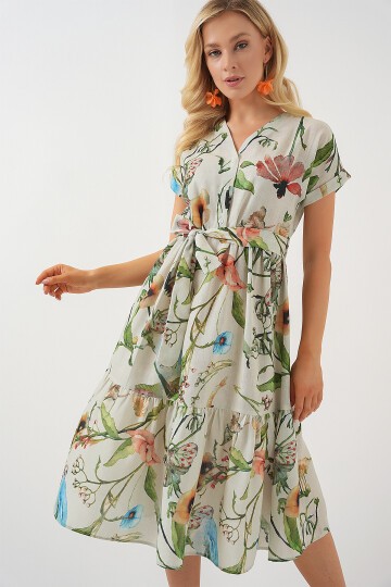 Merterium Kadın Desenli Kısa Kol Elbise 2558 - Çağla