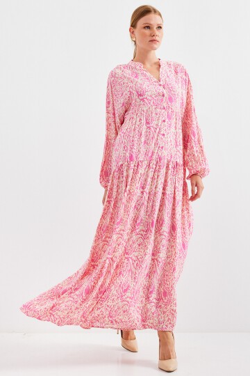 Kadın Desenli Pembe Viskon Tesettür Elbise 2423