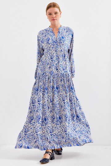 Kadın Desenli Saks Viskon Tesettür Elbise 2423