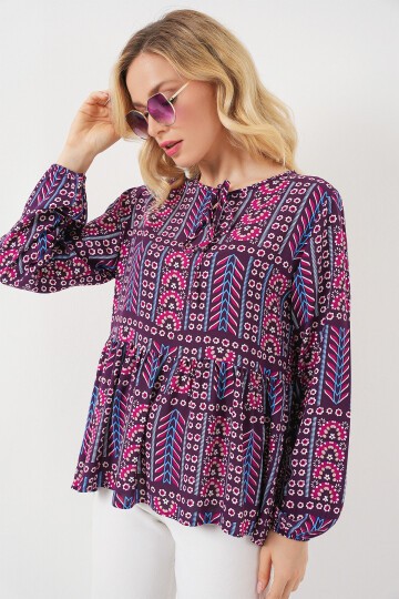 Kadın Desenli Uzun Kol Bluz 970 - Bordo