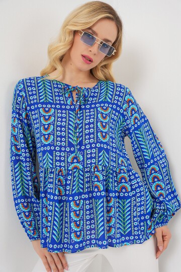 Kadın Desenli Uzun Kol Bluz 970 - Saks