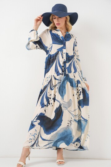 Kadın Desenli Uzun Tesettür Elbise 2585 - Lacivert