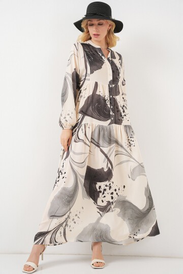 Kadın Desenli Uzun Tesettür Elbise 2585 - Siyah