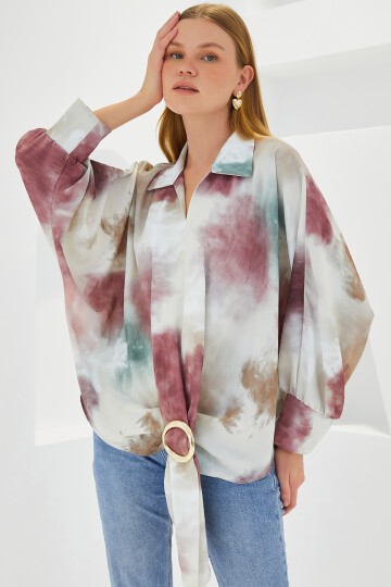 Merterium Kadın Gül Kurusu Ekru Oversize Dökümlü Saten Gömlek 907