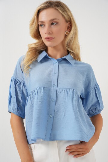 Merterium Kadın Kısa Kol Crop Gömlek 20335 - Mavi