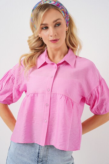 Merterium Kadın Kısa Kol Crop Gömlek 20335 - Pudra