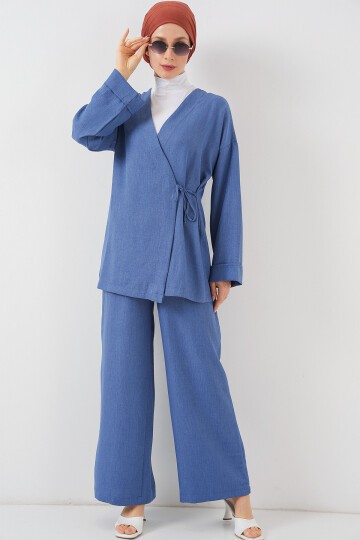 Kadın Kruvaze Yaka Kimono Alt Üst Takım 6743 - İndigo