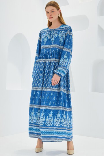 Merterium Kadın Mavi Ekru Desenli Uzun Viskon Elbise 1947