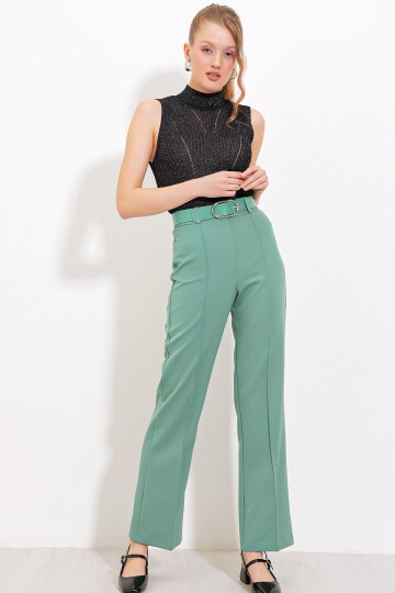 Merterium Kadın Mint Yüksek Bel Kumaş Pantolon 6584 - Mint