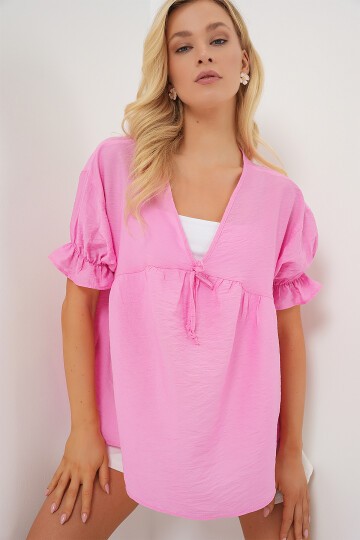 Merterium Kadın Önü Bağcıklı Kısa Kol Bluz 962 - Pembe