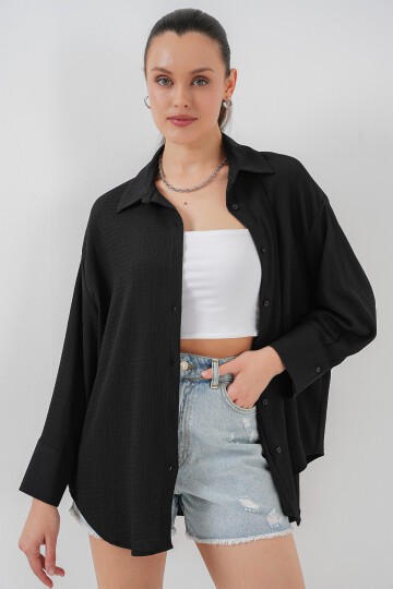 Merterium Kadın Örme Oversize Gömlek 20264 - Siyah