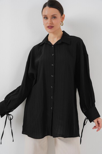 Merterium Kadın Oversize Bağcıklı Gömlek 5954 - Siyah