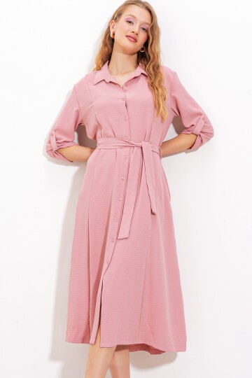 Merterium Kadın Pudra Kuşaklı Gömlek Elbise 2442