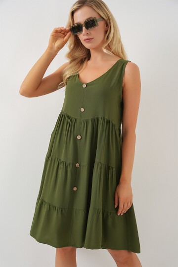 Merterium Kadın Sıfır Kol Düğmeli Kısa Elbise 2571 - Haki