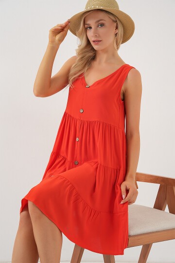 Merterium Kadın Sıfır Kol Düğmeli Kısa Elbise 2571 - Nar