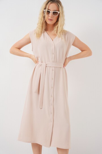 Kadın Sıfır Kol Kuşaklı Ayrobin Elbise 2568 - Krem