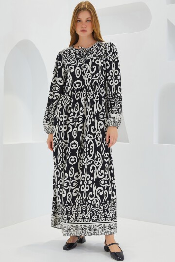 Merterium Kadın Siyah Ekru Desenli Uzun Viskon Elbise 1947