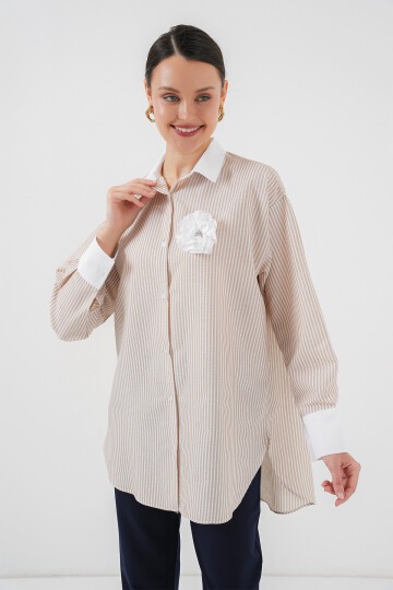 Merterium Kadın Uzun Çizgili Gömlek 5962 - Bej
