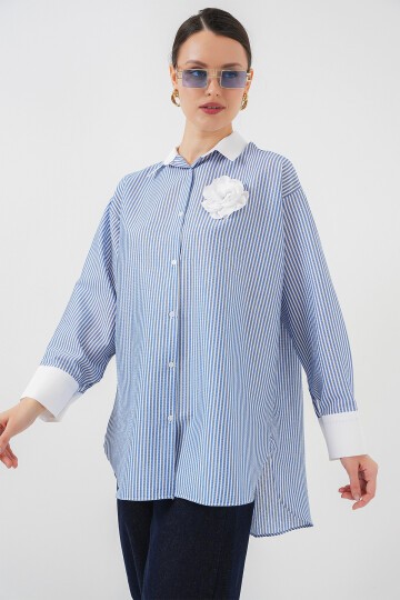 Merterium Kadın Uzun Çizgili Gömlek 5962 - Mavi
