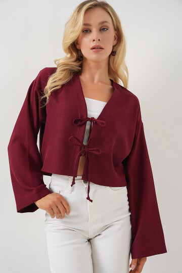 Merterium Önü Bağlamalı Keten Kimono 960 - Bordo
