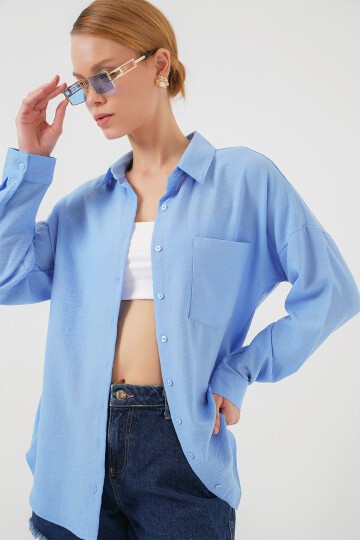 Tek Cepli Oversize Keten Gömlek - Mavi