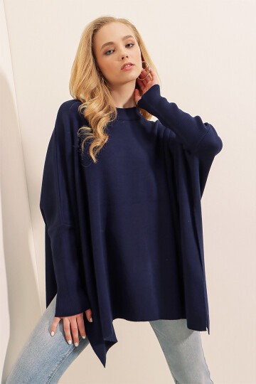 15783 Yırtmaçlı Panço Kazak - Lacivert