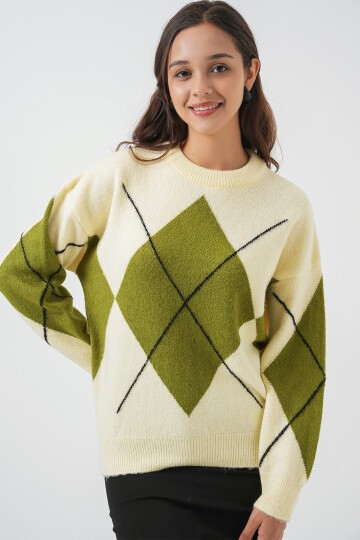 15895 Baklava Desenli Oversize Triko Kazak - Açık Sarı