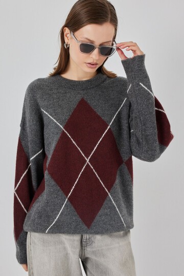 15895 Baklava Desenli Oversize Triko Kazak - K. Antrasit