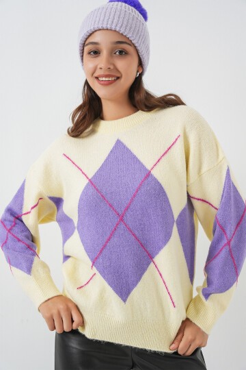 15895 Baklava Desenli Oversize Triko Kazak - Sarı