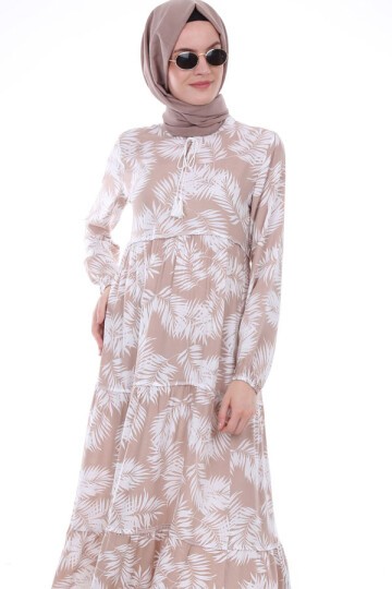 1627 Yaka Bağcıklı Tesettür Elbise - Bej