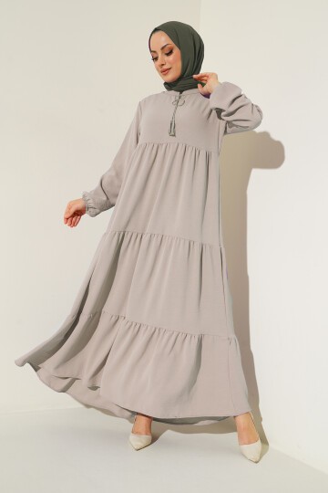 1627 Yaka Bağcıklı Tesettür Elbise - Taş