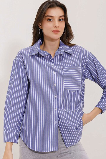 20205 Çizgili Oversize Gömlek - Lacivert
